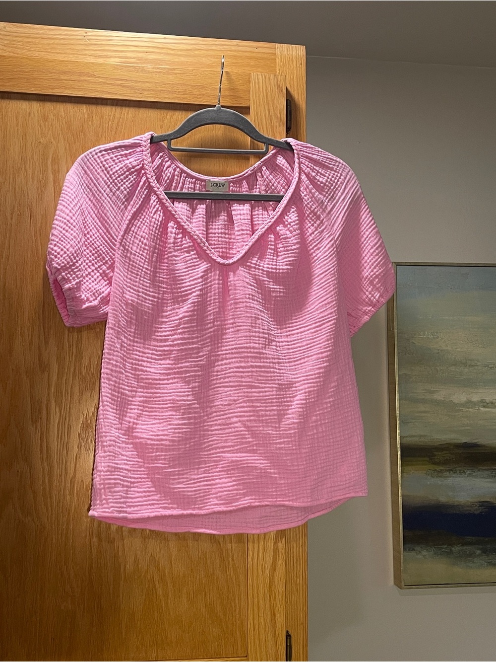 J. Crew Pink Crinkled Short Sleeve Scoop Neck Blouse
